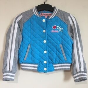 Urban Republic Y2K Little Girls Jersey Quilted Varsity Blue Jacket with Knit Rib
